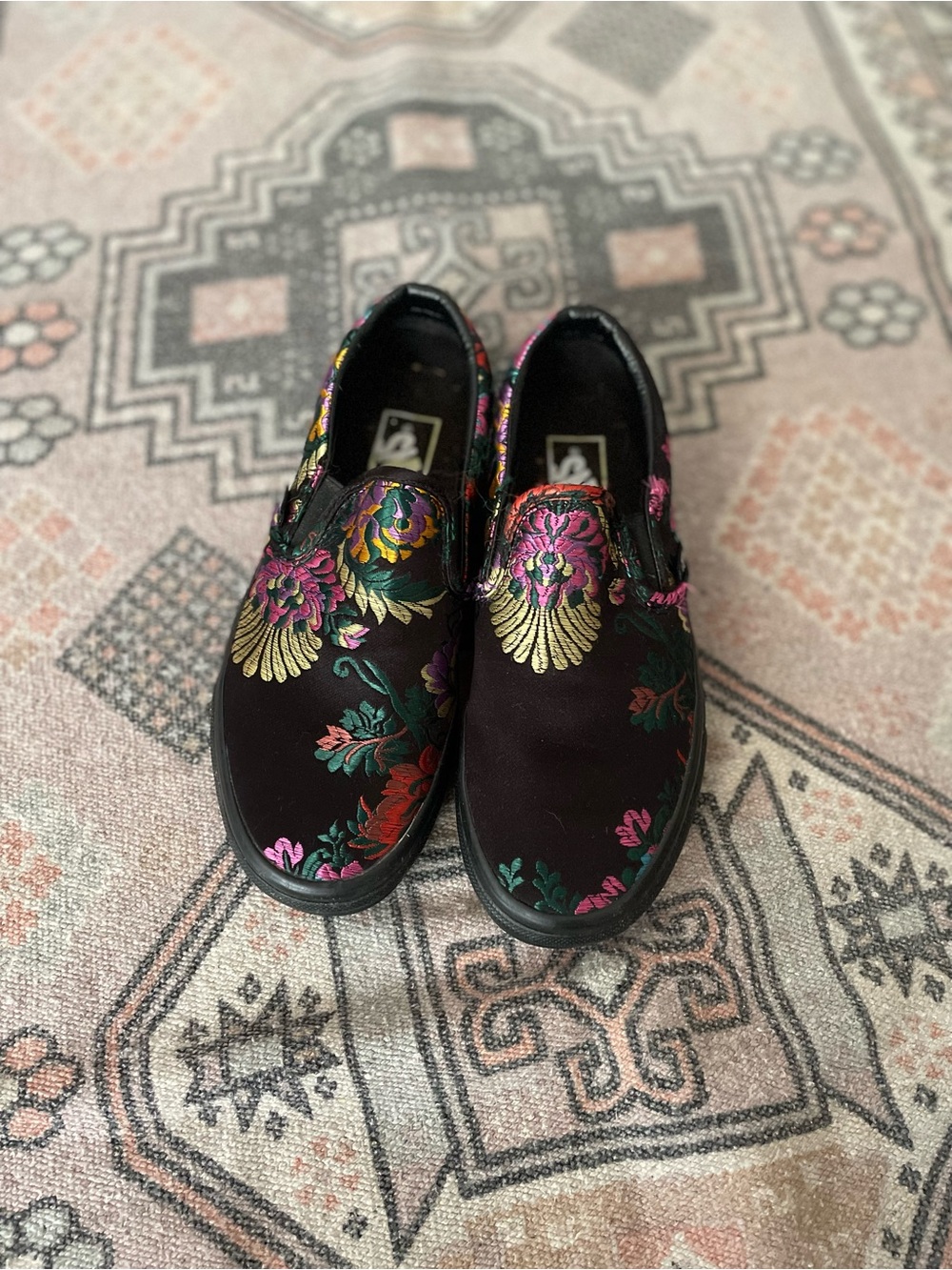 Vans Black Slip-Ons with Multicolor Floral Embroidery. Size 6.5